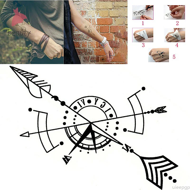 Waterproof Temporary Tattoo Sticker Compass Arrow Roman Clock Small Body Art Flash Tattoo Fake Tattoo for Women Men