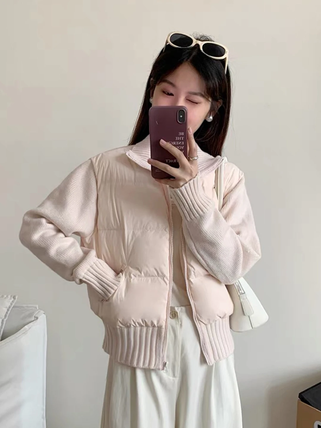 

Розовый вязаный пуховик-кардиган в стиле пэчворк для женщин: легкий, теплый, повседневный, милый зимний свитер-кардиган