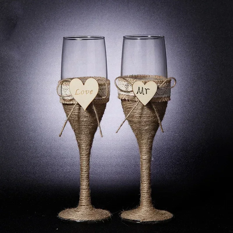 2Pcs Set Wedding Glass Personalized Wedding Champagne Toasting Flutes Burlap Lace Rustic Flutes Wine Cup Wine Creative Wine Cup