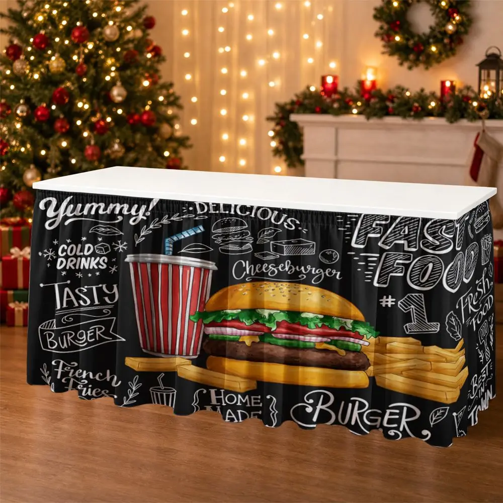 One-piece tablecloth decoration featuring fast food (hamburger and fries) pattern