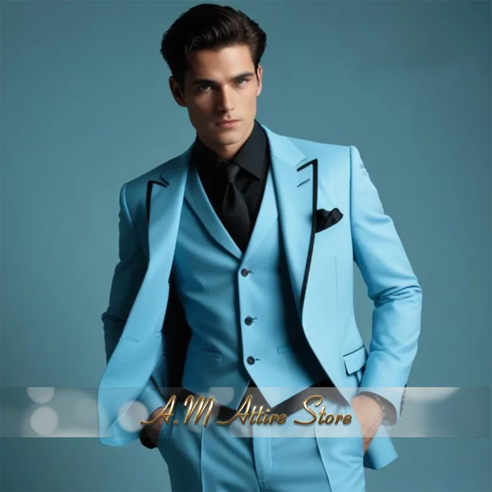 

Stylish Sky Blue Men's Suit Elegant Peak Lapel 3 Piece Classic Tailored Attire for Wedding Groomen Prom Party Boys Dating Tuxedo