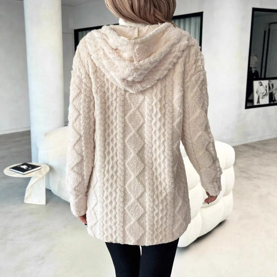 Thick Hooded Coat Mid Long Length Ladylike with Loose Fit Socialite Style Long Sleeve No Button Closure Winter Women Coat