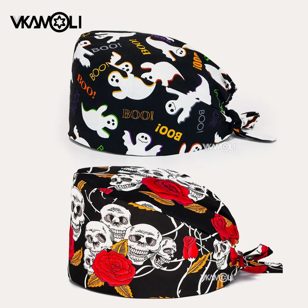 2024 new Halloween print scrubs caps Pet Hospital clinic Hat Dentist Lab nursing work hats lab scrub hat  Doctor Nurse HEAD CAP