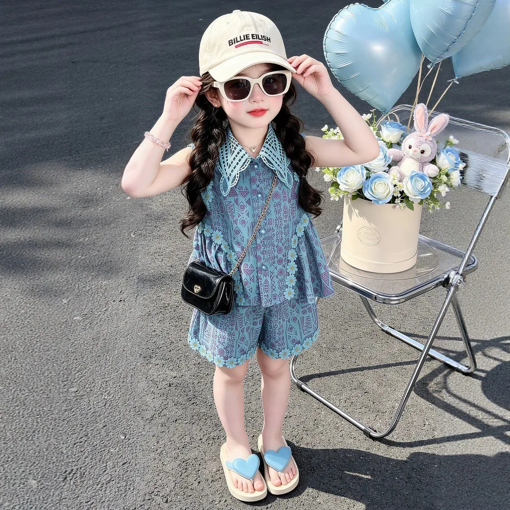 Summer Fashion Blue Girls' Clothing Flower Sleeveless Printed Lapel Top+shorts Korean Version Children's Casual Two-piece Set