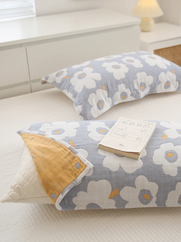 Pure Cotton Pillowcase Thickened Four-layer Gauze Anti-slip Sweat Absorbent Single Person Pillow Towel Small Flower Pattern