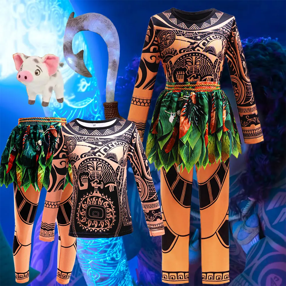 Von Moana inspiriertes Semi God Maui-Kostüm für Kinder. Maoris‘ Tattoo-Simulations-Kleidungsset, Oberteil und Hose, Karneval, Junge, Rollenspiel-Krieger
