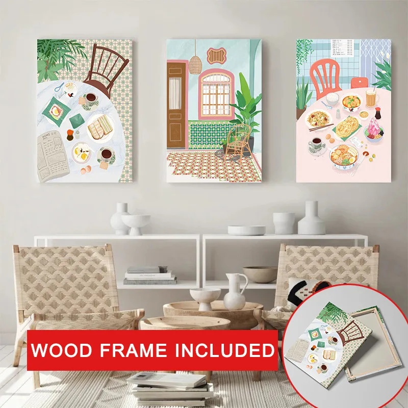 Póster de la serie de alimentos con marco, arquitectura china, desayuno, barbacoa coreana, cocina tailandesa, decoración de pintura artística para el hogar