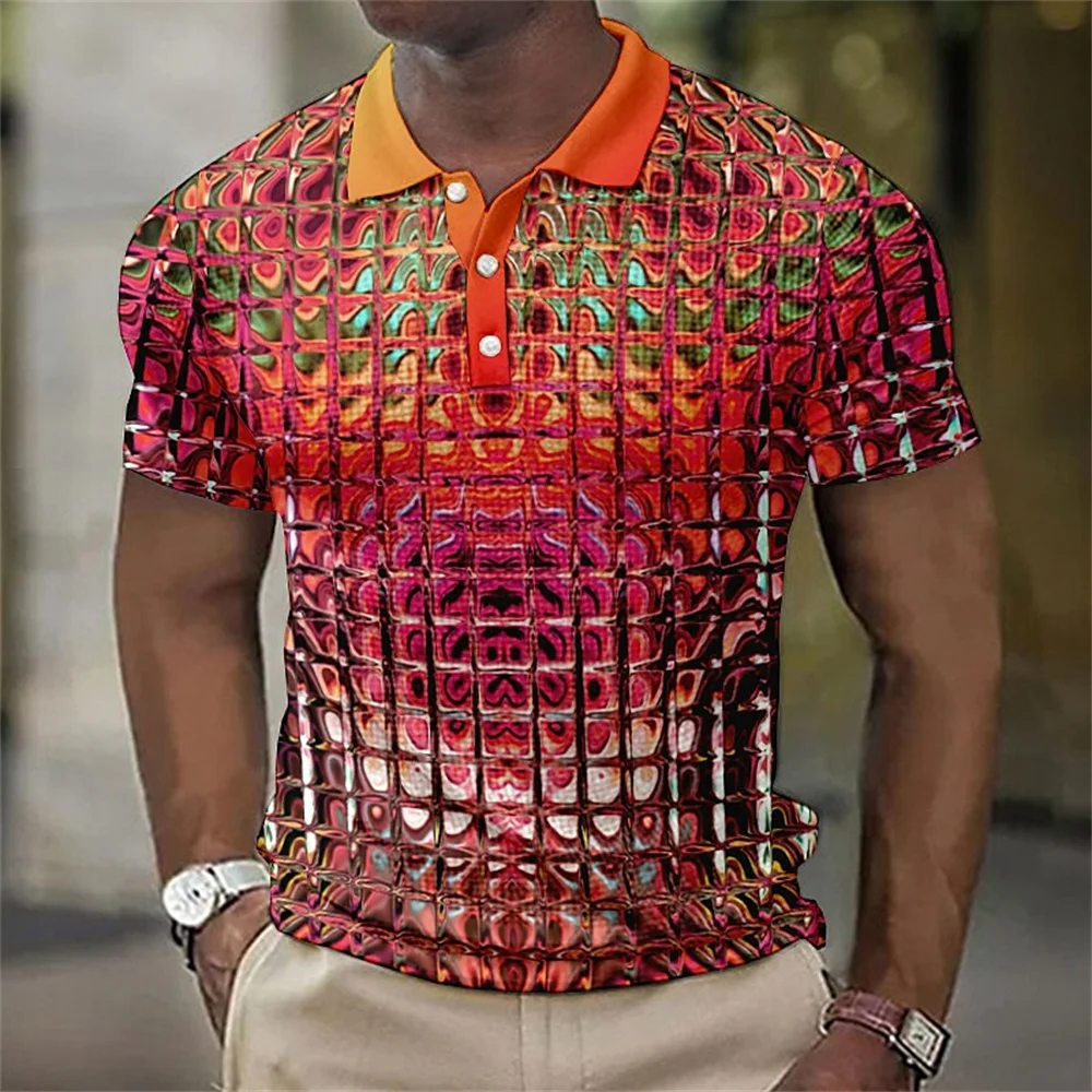 Polo Shirts Men\'S Fashion 3d Simulation Metal Plaid Printed Men\'S Clothing Summer Casual Short Sleeved Street Designer Tops Te