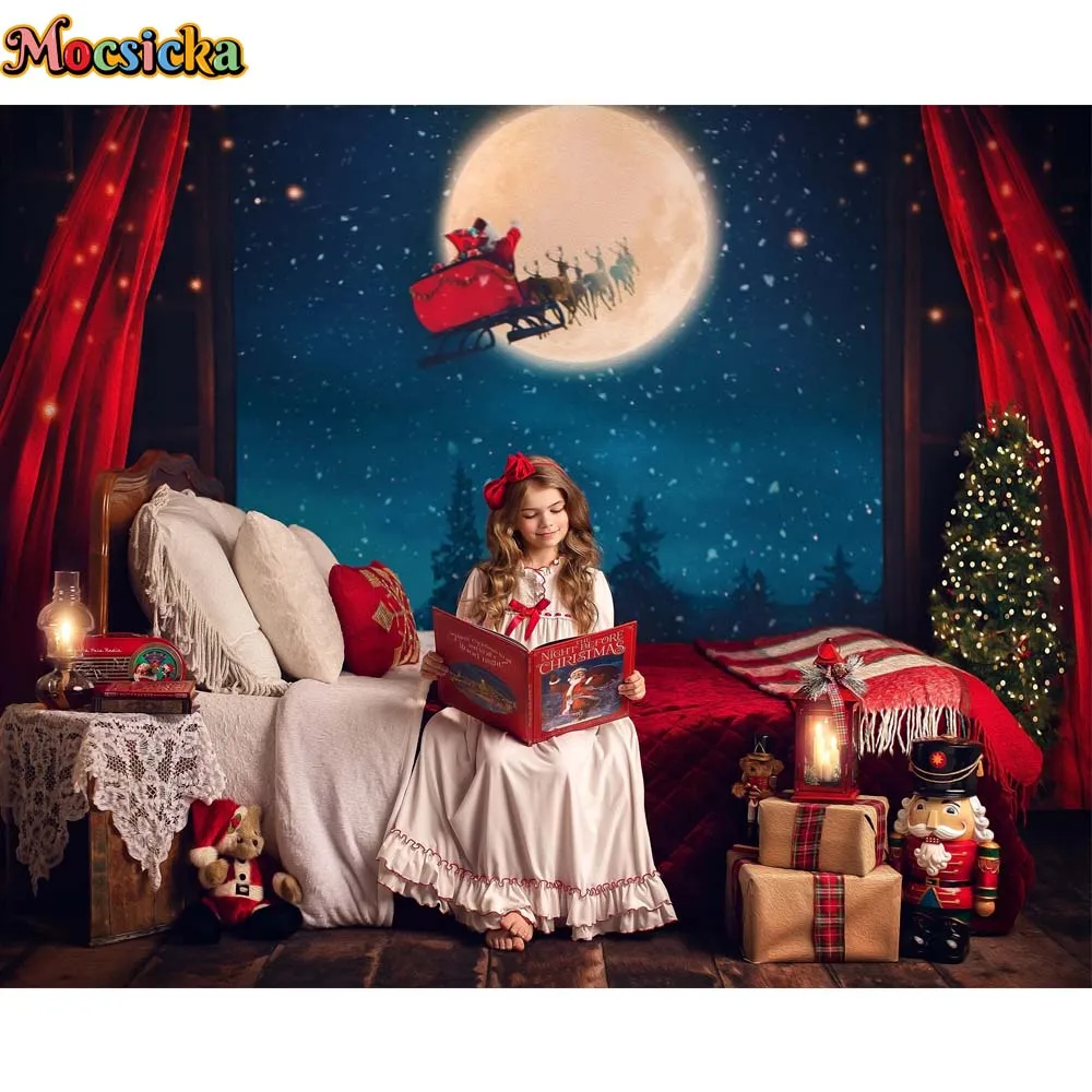 Merry Christmas Photography Backdrops Waiting On Santa Moon Xmas Silent Night Window Winter Snow Kids Portrait Photo Background