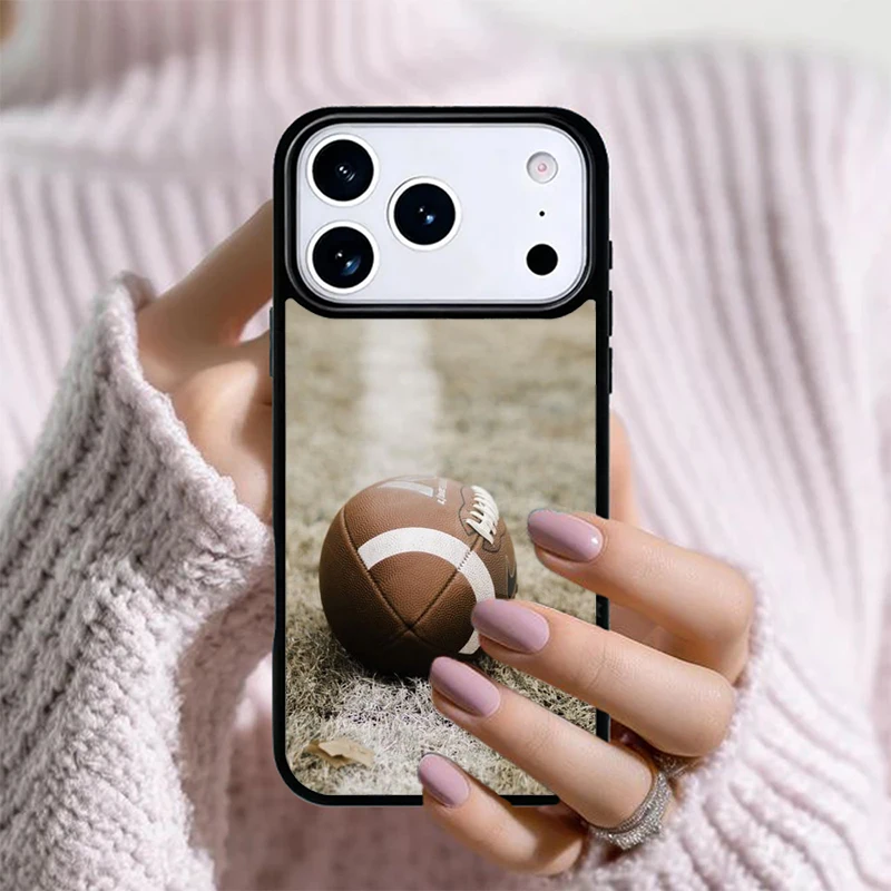 Funda Negra de Fútbol Americano para iPhone 17 Air, 16e, 15, 14, 13 Pro Max, 12, 11, X, XR, XS, SE2020, 6, 8, 7 Plus ﻿ ﻿ ﻿ ﻿