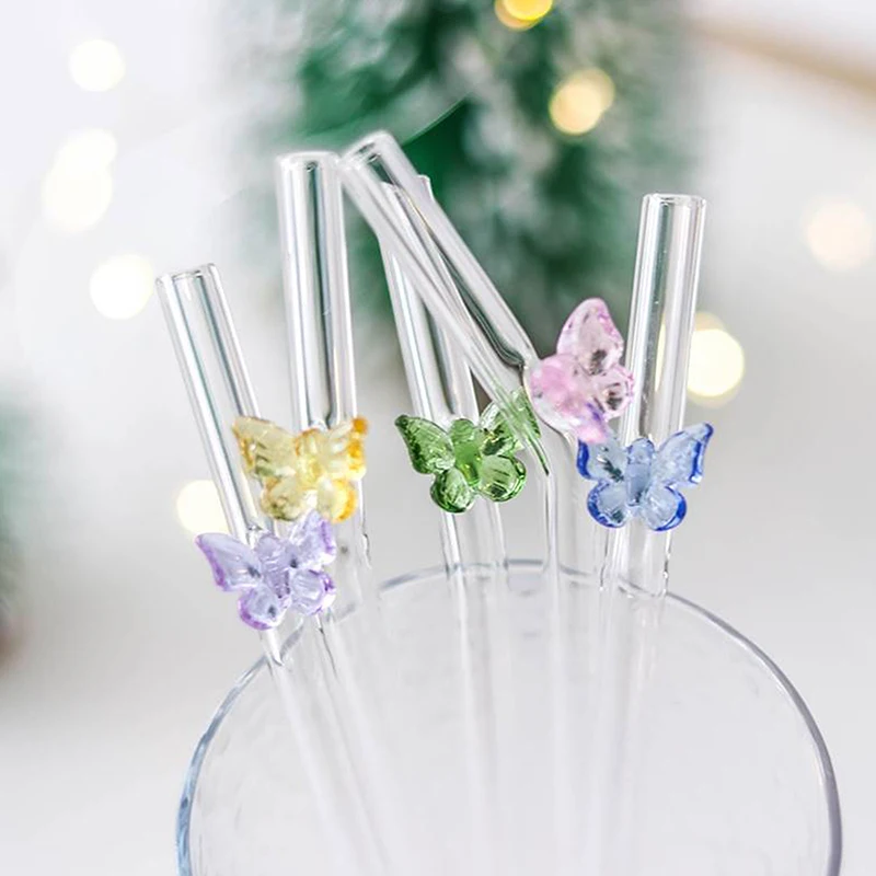 Reusable Glass Straws With Butterfly Eco Friendly Drinking Straws With Clean Brush For Smoothies Cocktails Bar Accessory