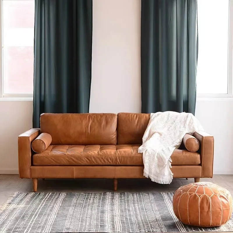 Nordic retro leather sofa, first-layer cowhide living room double three-person American light luxury solid wood furniture