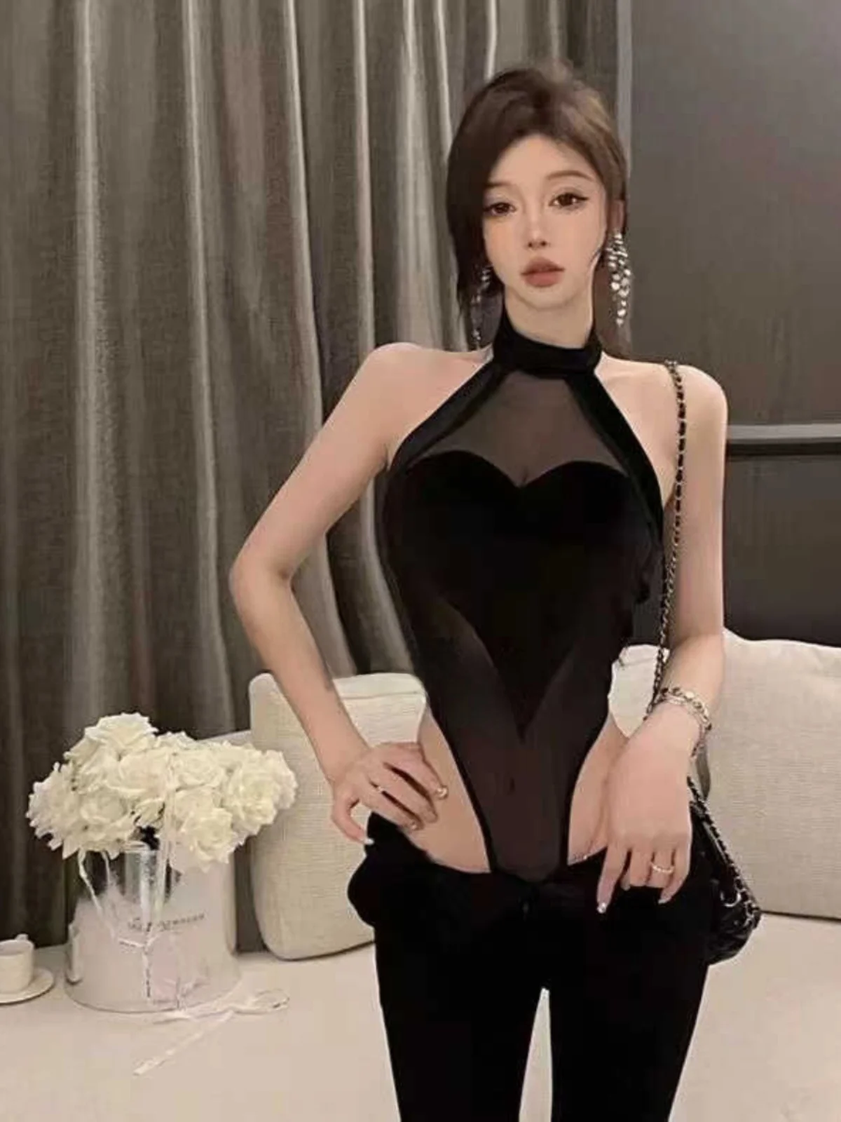 

Bla Me Heart aped Nelace Sexy Tank Top Boting Bodysuit Faionable Low Waist ort Pants for Women Summer 2024