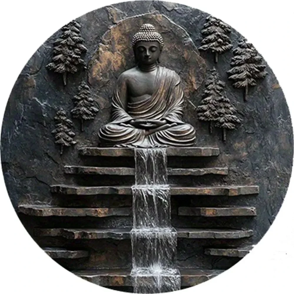 Vintage Metal Buddha Statue Meditation Wall Art |   Serene Monk and Waterfall Design |   Outdoor Courtyard and Garden Zen-Inspired Decorations