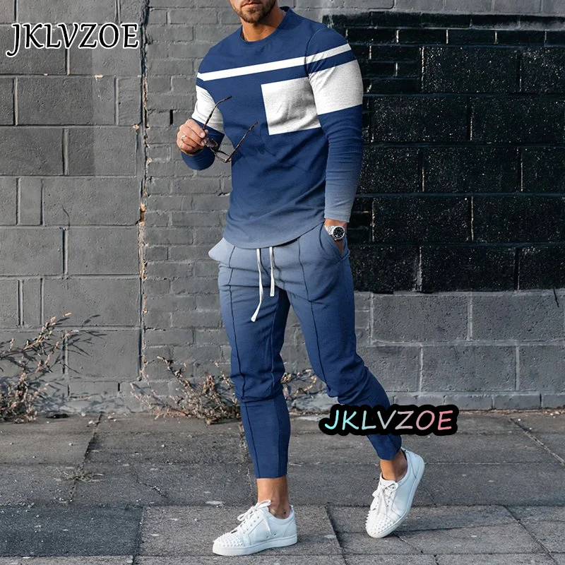 2023 Men Tracksuit Spring Oversized Set Print Long Sleeved T-shirt+Trousers Jogger Sportswear Casual Streetwear 2 Piece Suit