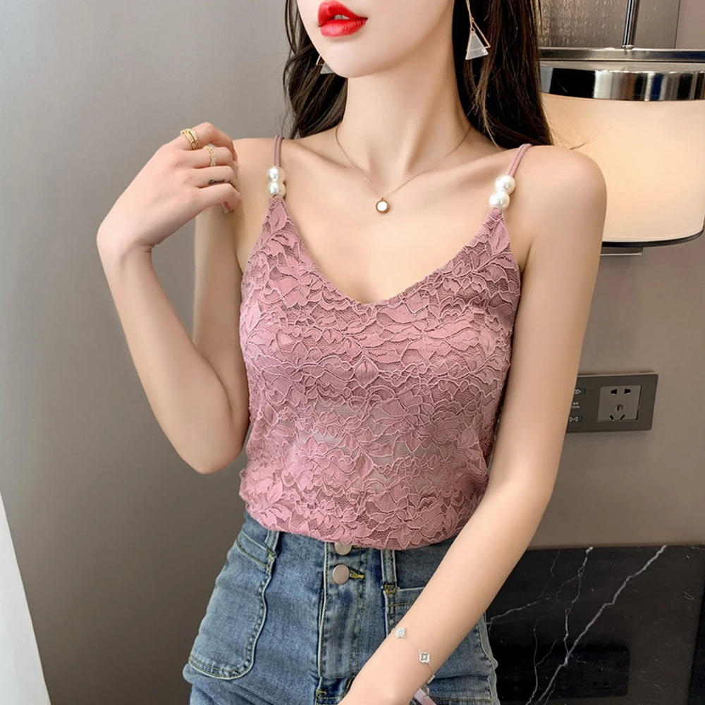 S-XL Stretch Tops Hollow Sheer Solid Lace Camis Tops For Women Floral Lace Mesh Camisoles Spaghetti Strap Vest Female Shirt