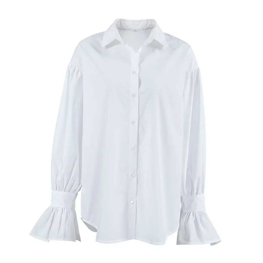 French Cotton Shirt Women's Long Sleeve Notched Lapel Blue Blouse Office Basic Layering Top Elegant Fall 2025