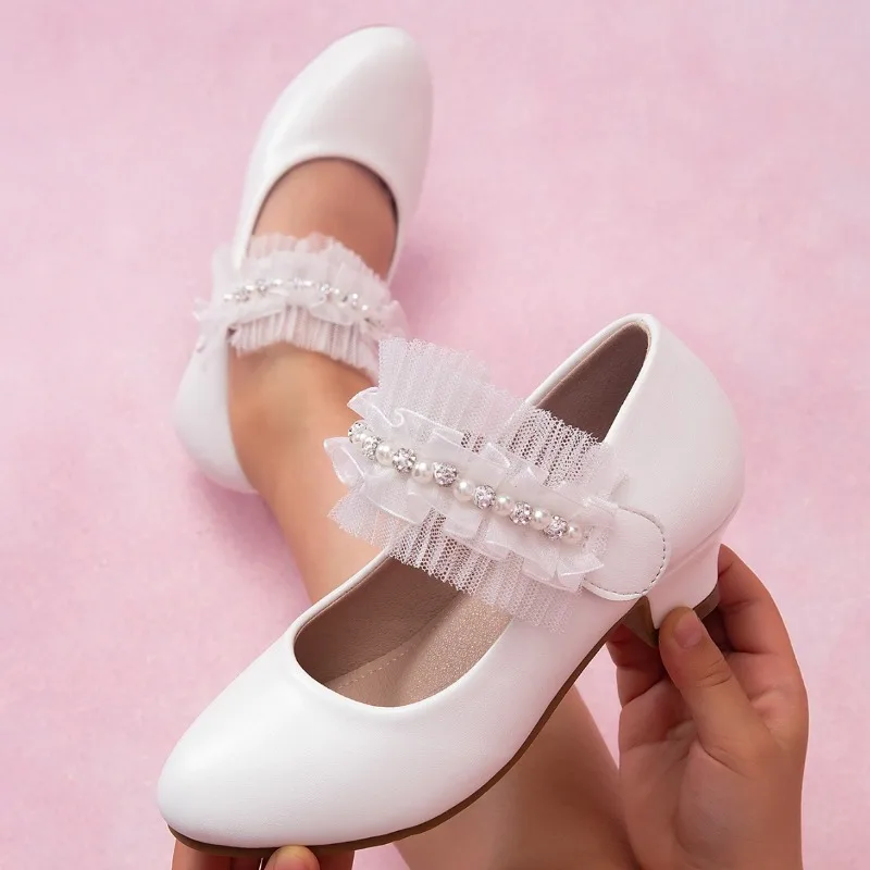 Children's Leather Shoes White Lace Pleated Girls Wedding Party Shoes Elegant Princess Catwalk Perform Kid Dress High Heel Shoes