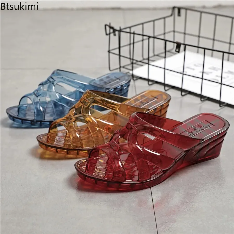 36-40 Women's Slippers Summer Wedges Sandals Thick-soled Anti-slip Bathroom Shoes Transparent Flip Flops Hollow Out Beach Shoes