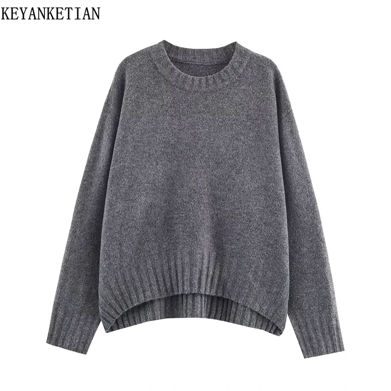 

KEYANKETIAN 2025 Winter New Women's Dark grey Sweater Simple style O-Neck Long Sleeve Asymmetrical Loose Pullover Knitwear Shirt