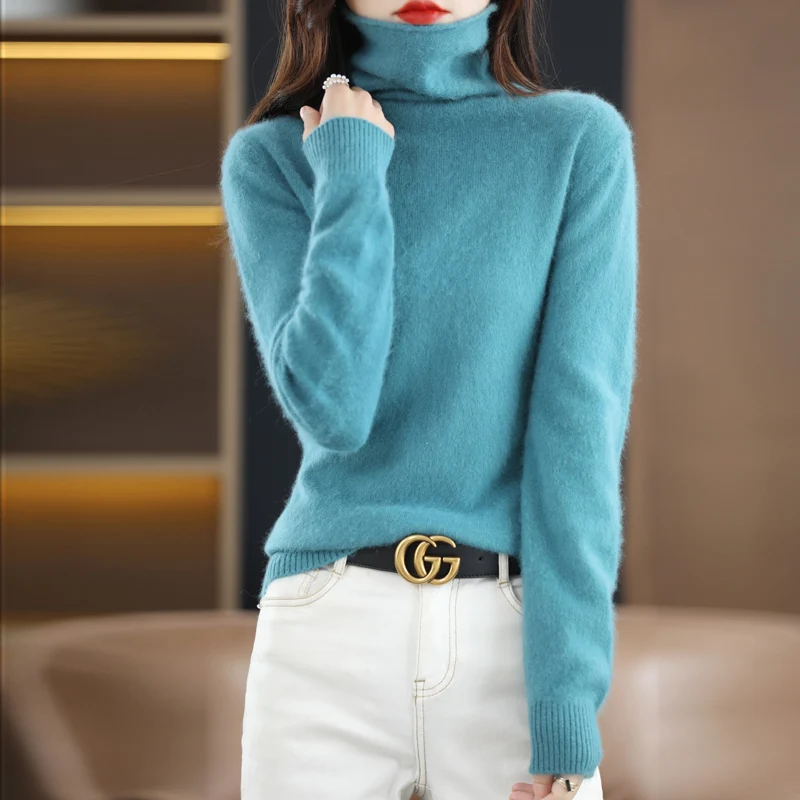 100% Mink Cashmere Sweater Women\'s High Neck Pullover Long Sleeve 2023 Winter Knitted Top Warm High Quality Jumper Shirt S-XXXL