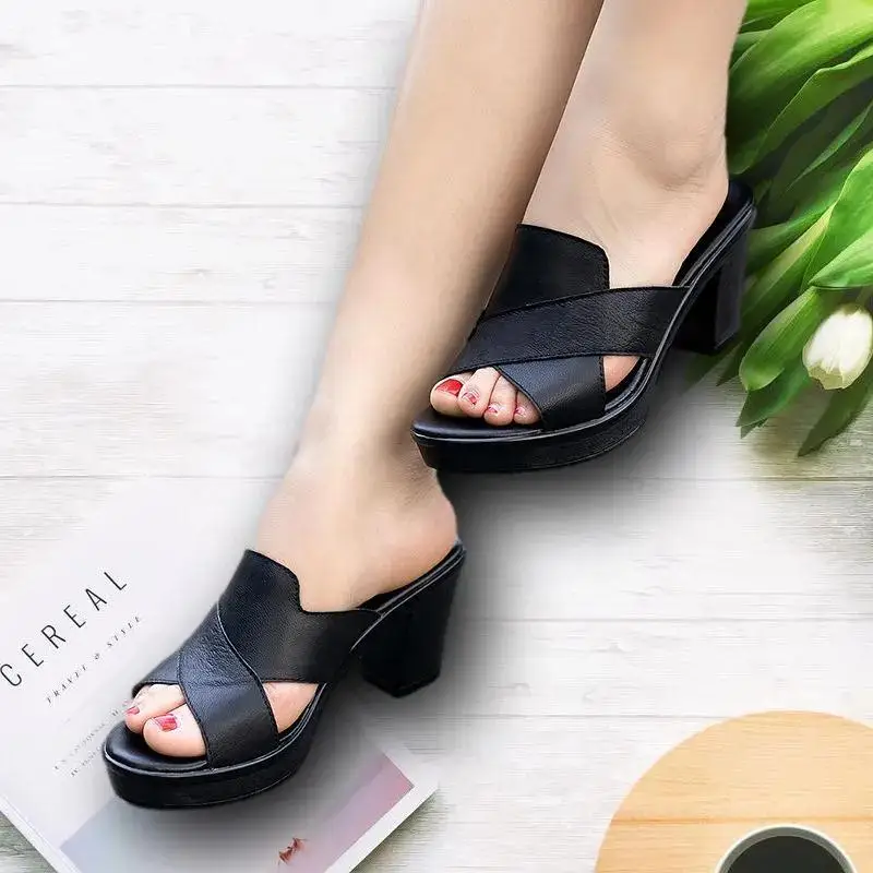 Women Summer New High Heels Slippers Feamle Thick Heel High-heeled Casual Shoes Outdoor Heel Slippers Footwear Zapatos De Mujer