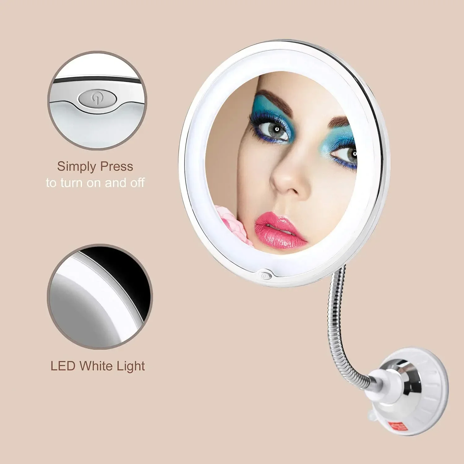 Magnifying Bathroom LED Lighted Makeup Mirror Gooseneck 6.8" 10x Magnification Vanity Mirror with Suction Cup
