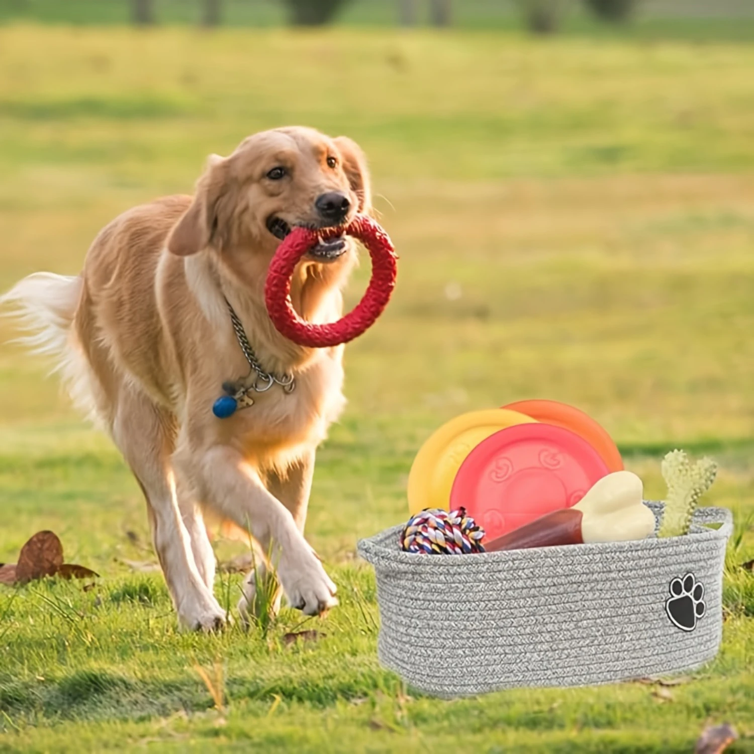 Woven Cotton Pet Toy  Bin with Handles - Durable Dog Toy Organizer Basket for Pet Accessory Organization, No Battery Required