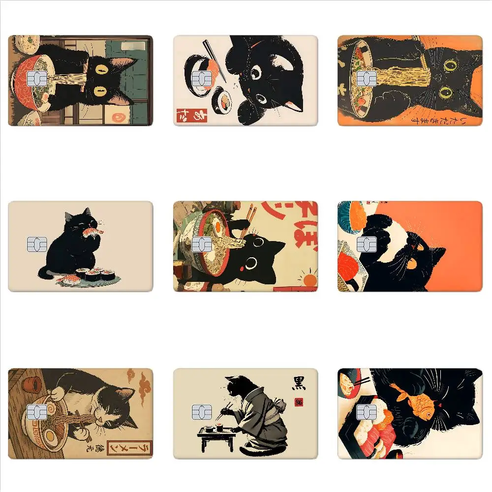 Black Cat Sushi Noodle Card Stickers Ultra-thin Waterproof Scratch Resistant Sticker, Personalized BankCardSticker