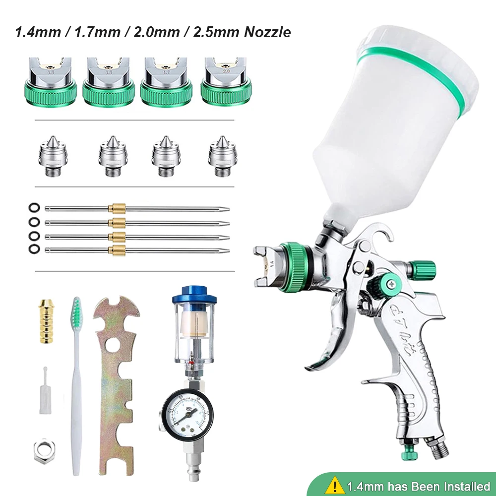 1.4/1.7/2.0/2.5mm 600ml Professioneel HVLP-spuitpistool met drukregelaar, huishoudelijk automatisch verfspuitpistool pneumatisch gereedschap, industriële kwaliteit stalen mondstuk, verffilter