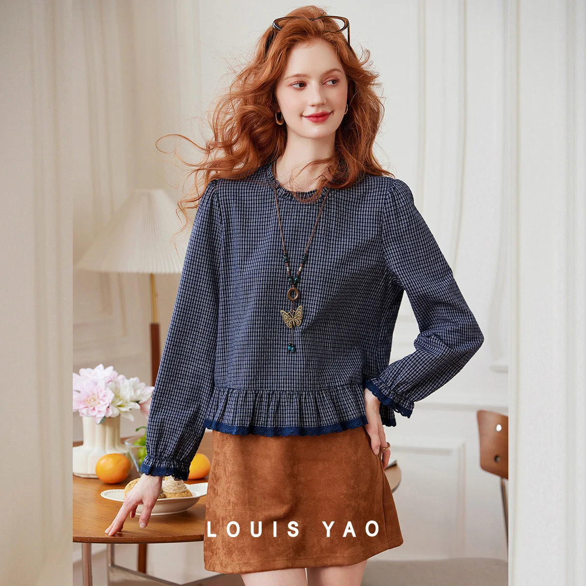 

LOUIS YAO Vintage Plaid Ruffled Women's Blouses 2026 Spring & Autumn Elegant Ruffled Neckline Long Sleeve Shirt for Women