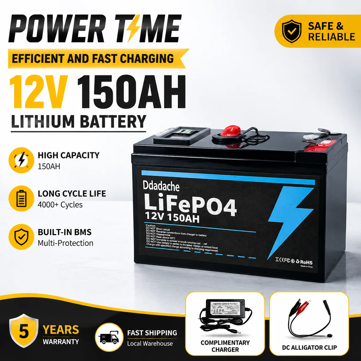 Batterie au lithium LiFeP04 12V 150Ah pour la charge solaire, la pêche, les applications marines, le camping en plein air, les applications hors réseau avec port USB