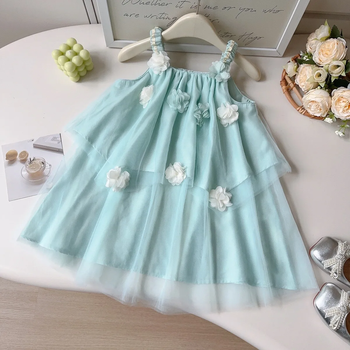 2026 Summer Girls Dress Three Dimensional Flower Strap Skirt Children Mesh Princess Skirt Vacation Style