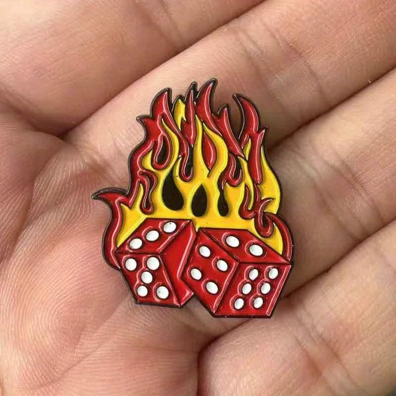 Burning Dice Flame Brooch Gambling Fun Badge Pin Buckle Accessory for Gamblers