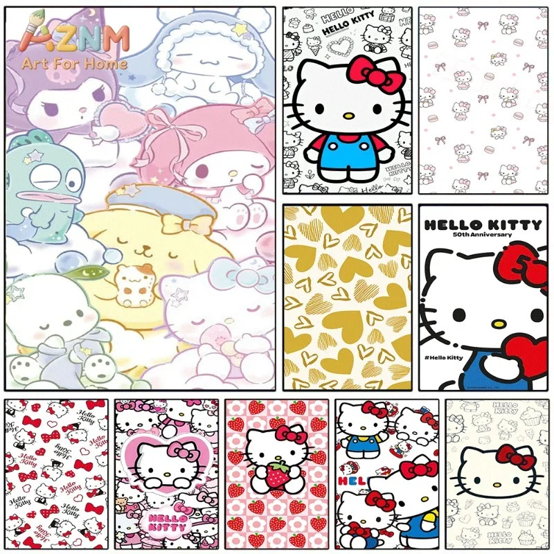 Sanrio Hello Kitty Multi Pattern Canvas Wall Art No Frame Cute White Cat Cartoon Poster Strawberry Heart Print Kids Bedroom Wall