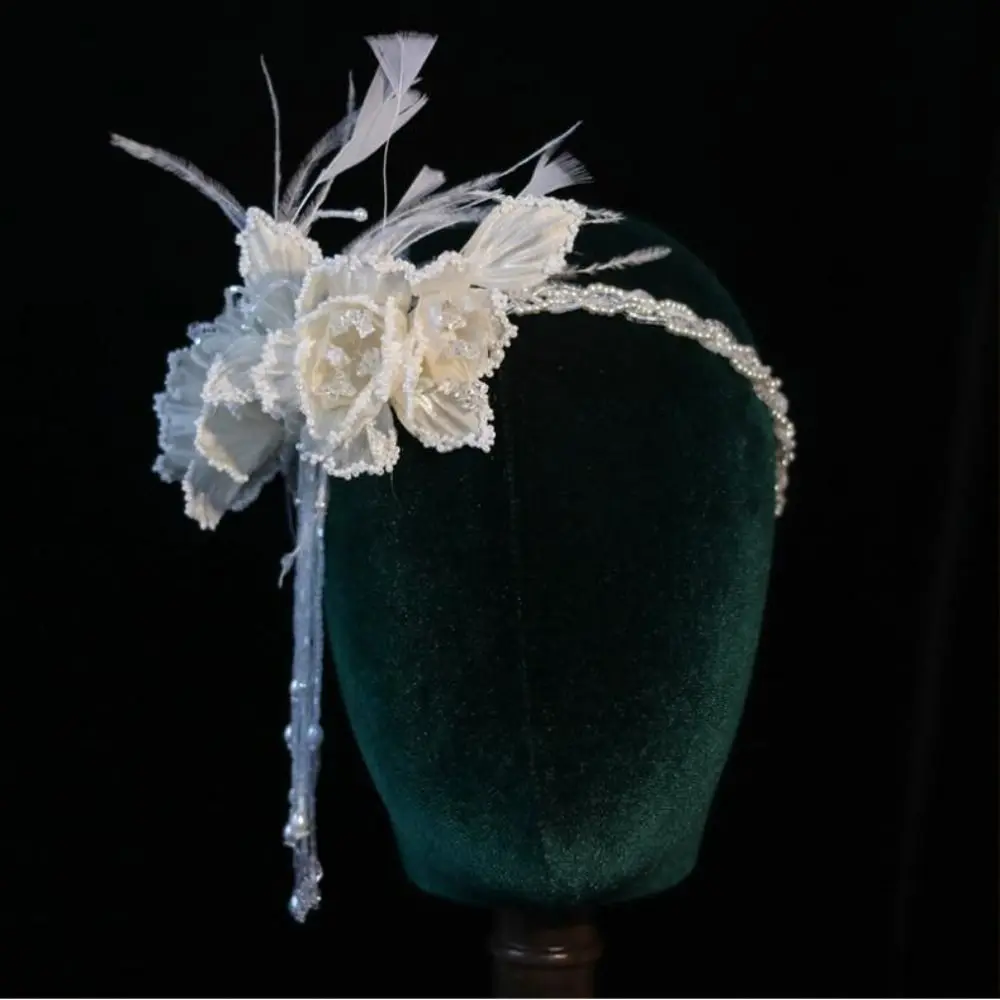 Fada requintado nupcial headbands pena pérolas noiva headdress flor luxo casamento headwear