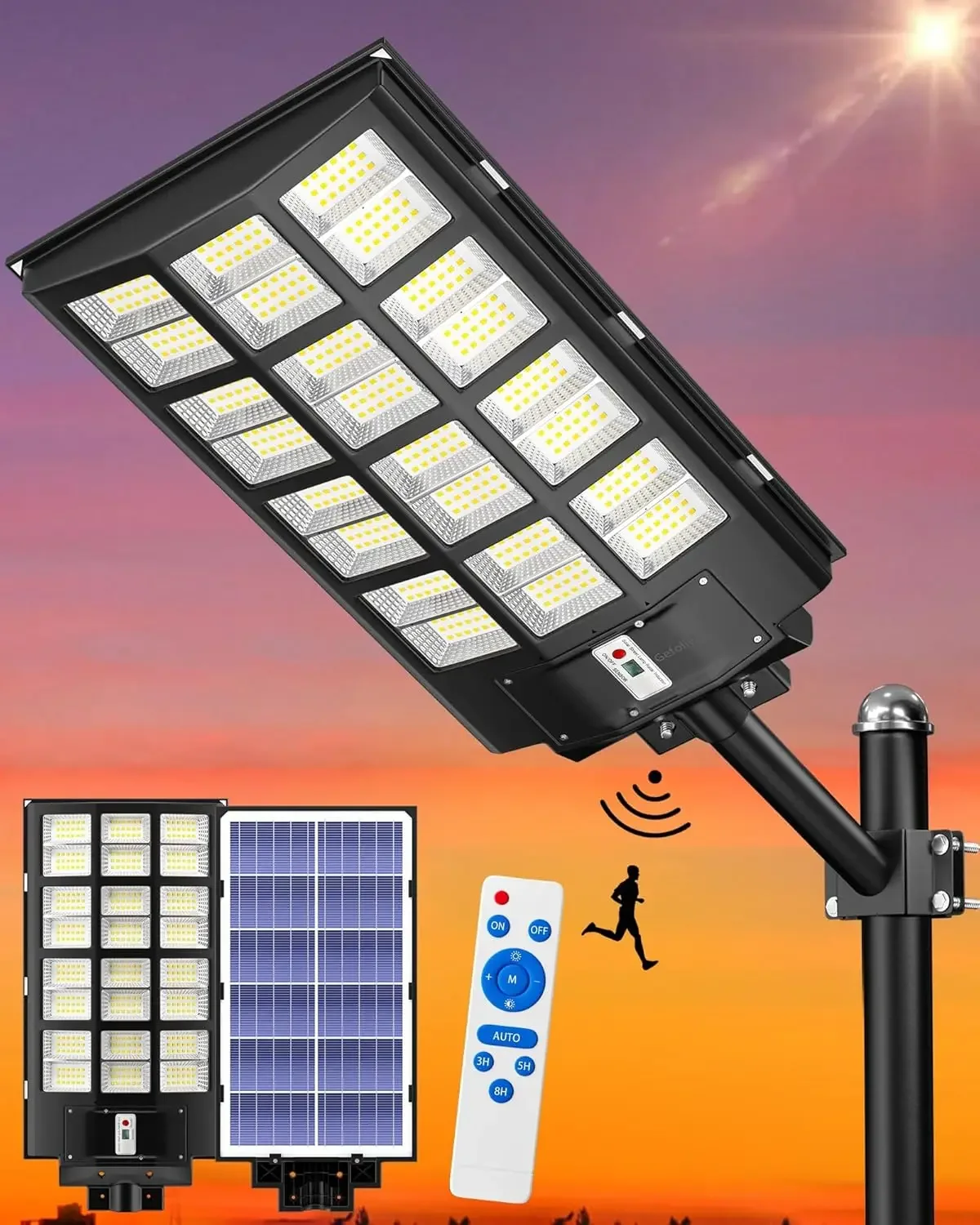 SL-4800W Lampadaire solaire extérieur, grand angle 398000 Lumière de stationnement commerciale LM, lumière de sécurité solaire contre le crépuscule à l'aube