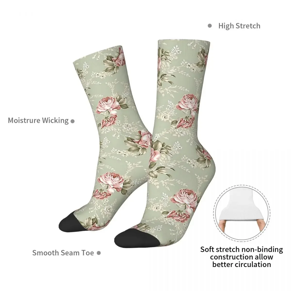 Vintage Blush Roses - Sage Green Background Socks Harajuku Sweat Absorbing Stockings All Season Long Socks for Unisex Gifts