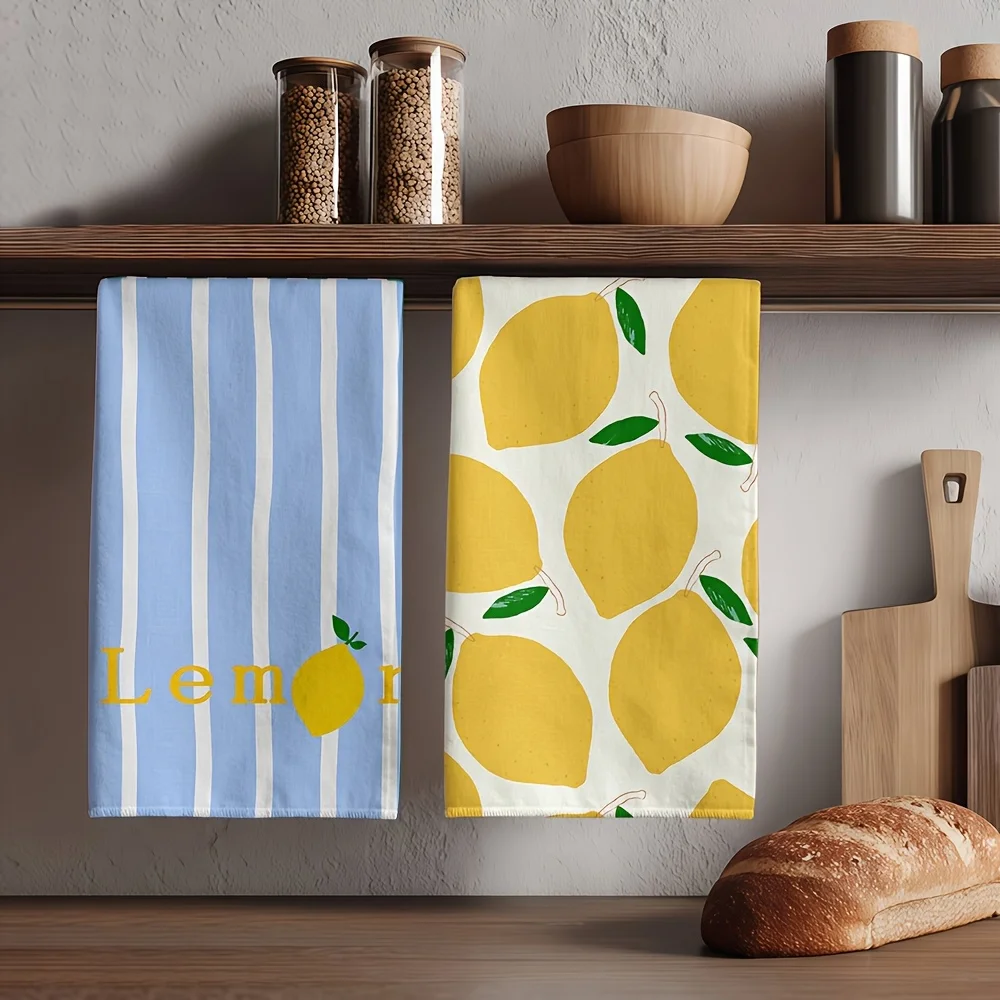 Two-piece Lemon-themed Kitchen Towel - Blue Geometric Lemon Print Dishcloth