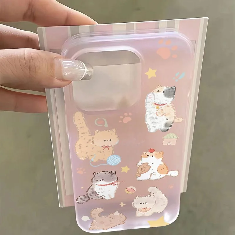 Lovely Cat Party Stars Matte Transparent For iPhone Case 16 15 14 13 12 11 Pro XR XS Max 7 8 Plus Phone Soft Y2K Girl Cover