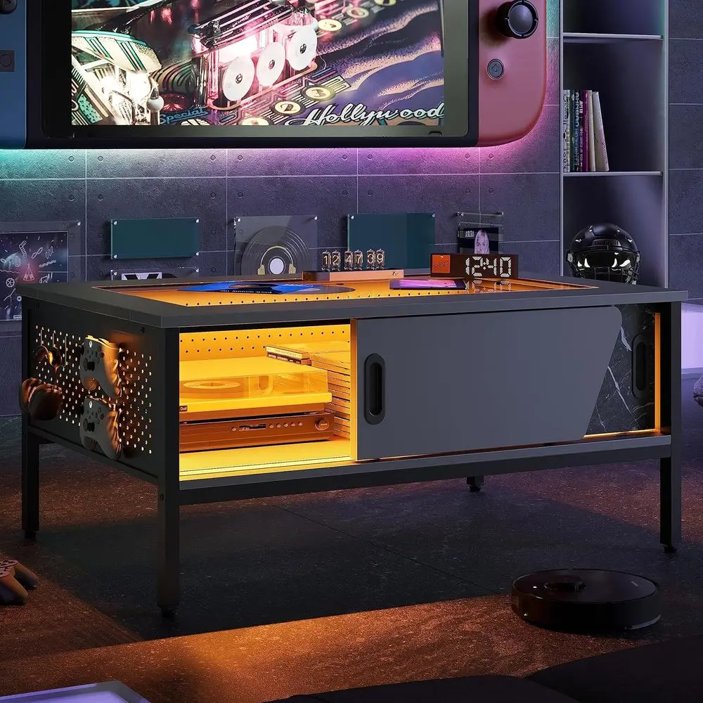 طاولة قهوة LED مع مساحة تخزين، طاولة قهوة حديثة مع سطح زجاجي لغرفة المعيشة، طاولة مركزية للقهوة باللون الأسود مع أضواء LED