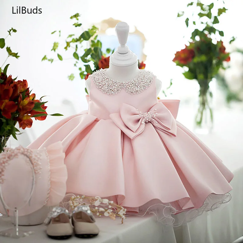 Robe de Princesse en Satin Blanc pour Petite Fille, Tenue de Soirée avec Nministériels d, Costume de Baptême, de 1 An, pour Anniversaire, Mariage, 2024