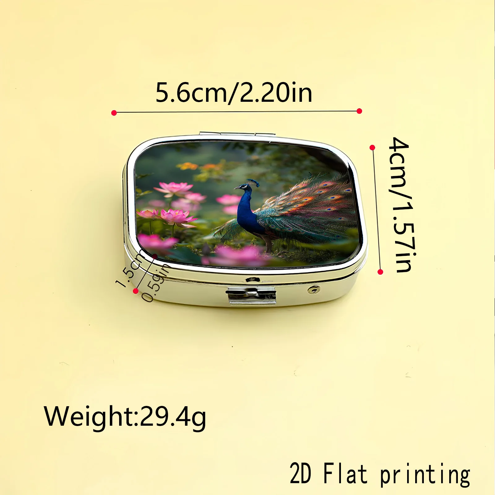 A Peacock Spreading Its Wings and Pink Lotus Flowers Surround a Natural and Vibrant Pattern, with Two Options for Small Medicine Boxes: One Round and One Square, Allowing You to Choose. Portable Medicine Storage, Suitable for Handbags or Travel, Elegant Design, Polished Finish, Exclusive for Daily Medication Users.