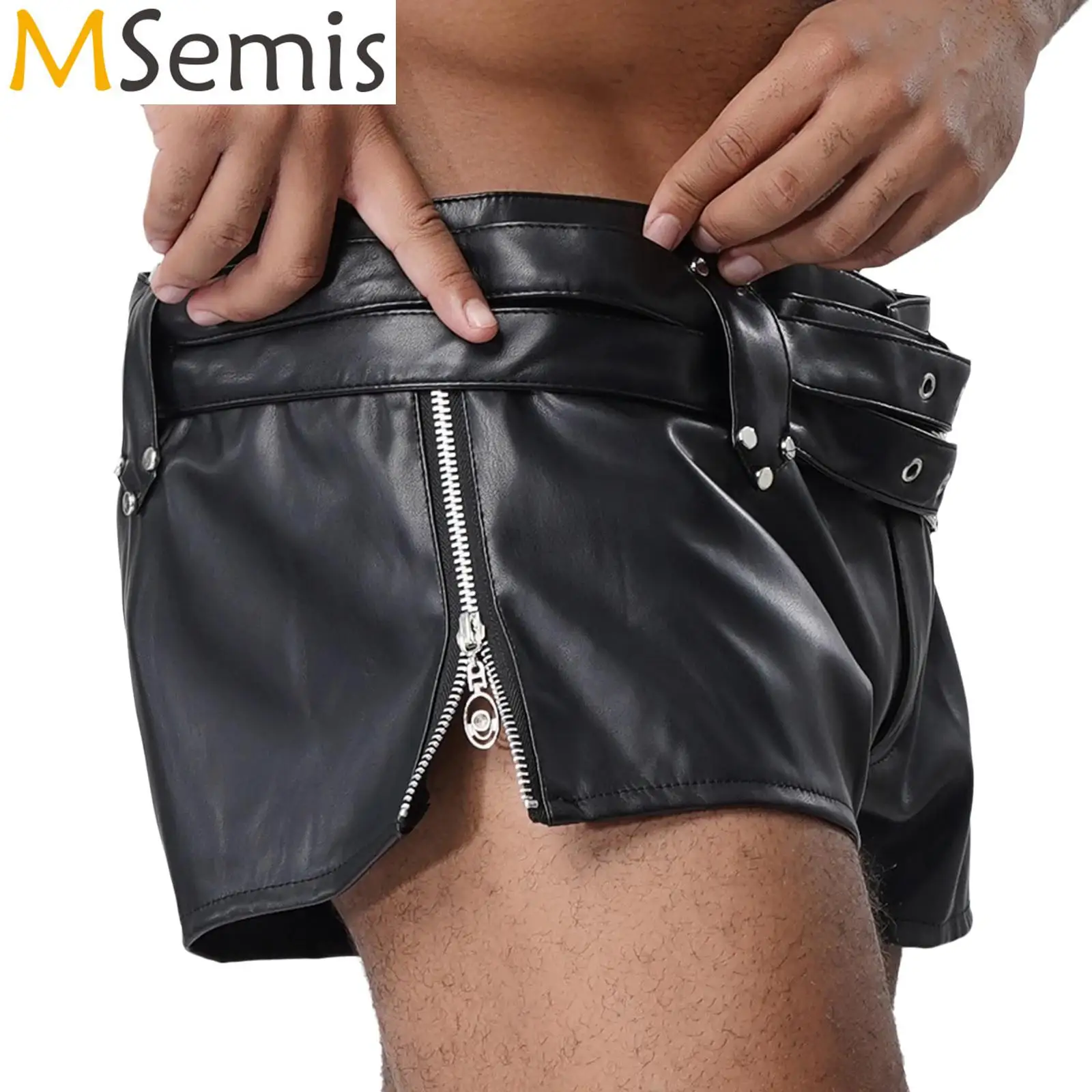 

Мужские латексные джинсовые шорты из искусственной кожи на молнии с ремнями, винтажные шорты, сексуальная готическая клубная одежда для танцев на пилоне, рейв-наряды