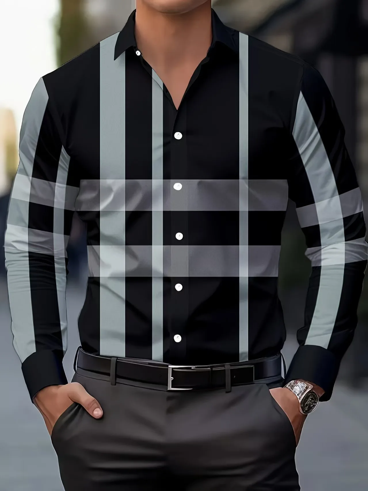 3D Simple Stripe Print Men's Shirt Business Casual Single Breasted Tops Fashion Lapel Long Sleeve Shirts Autumn Street Clothing