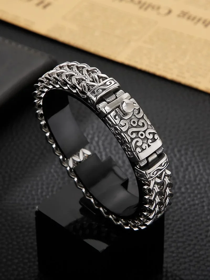 

European and American Domineering Titanium Steel Double Row Bracelet for Men Trendy Retro Personality Generous Coarse Jewelry