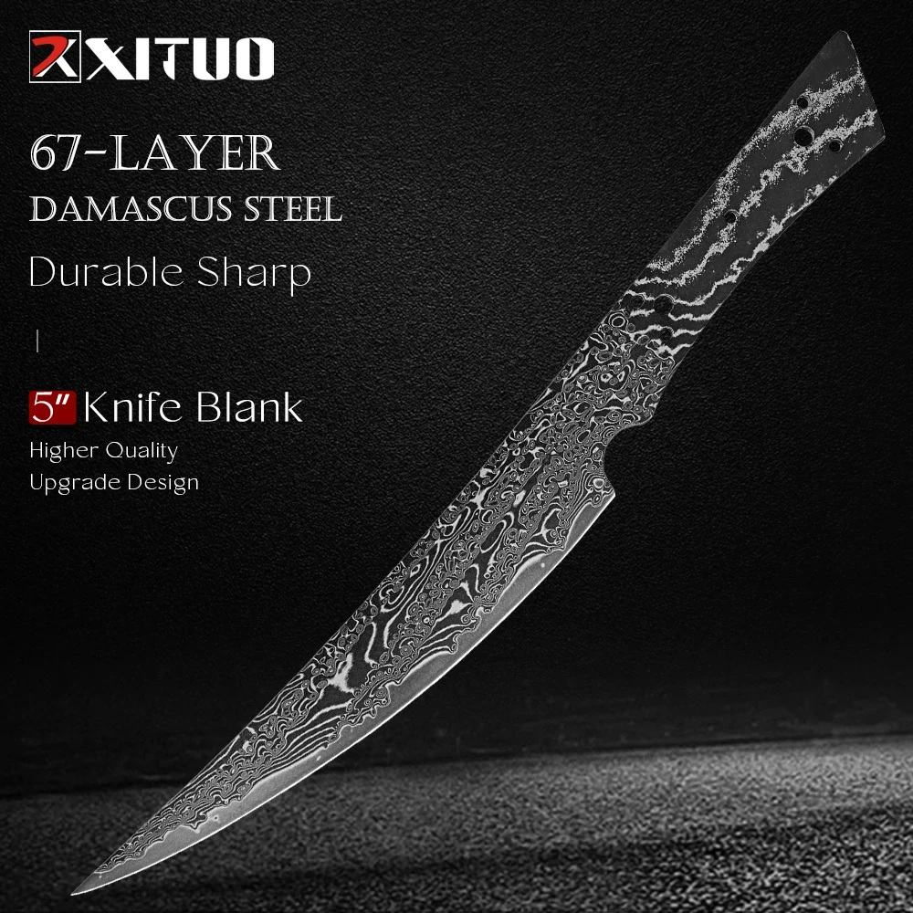Handmade Damascus Steel Utility Knife Blank Curved Edge Blade Blank with Tang Heat Treated, Sharp, Ready Knife Making Supplies