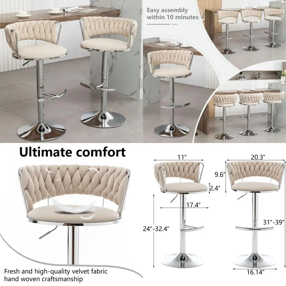Adjustable Height Modern Counter Height Bar Stools Set of 2, Low Back Swivel Barstools for 360° Rotation, Comfortable Seating Op