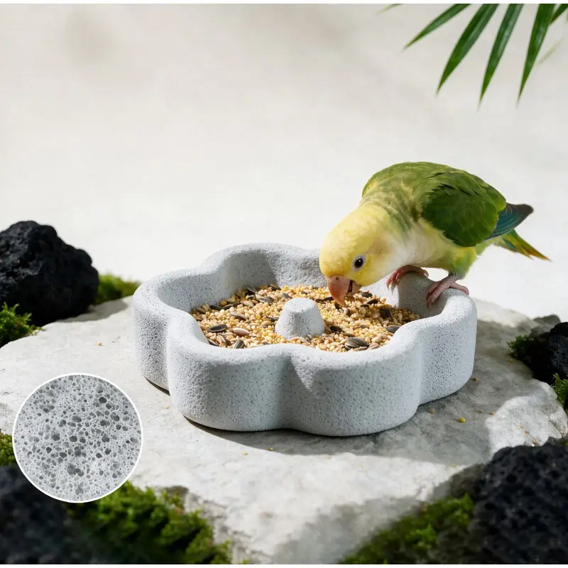 2-in-1 Natural Pumice Stone Bird Food Bowl Parrot Volcanic Stone Food Bowl Splash Proof Feeder Grinding Claws Grind Teeth Bowl