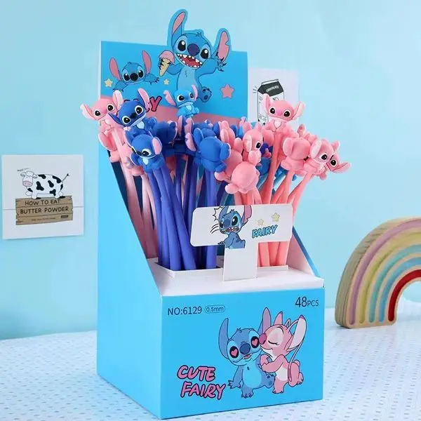 Disney Stitch Gel Pen 48Pcs Black 0.5mm Kawaii Cartoon Silicone Ornaments New Cute Styling School Supplies Friends Write Gifts